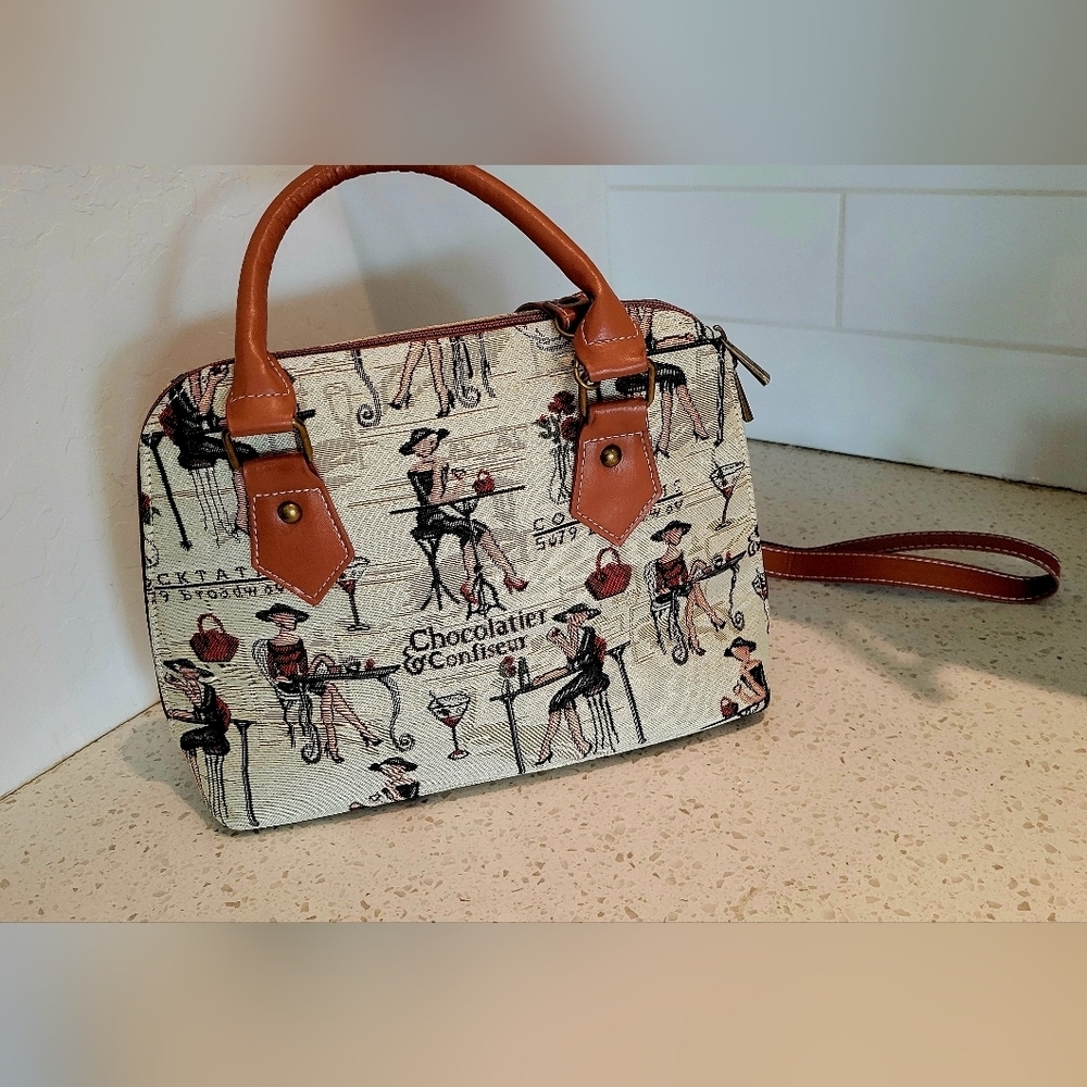 Signore Paris Bistro Print Satchel | Brown Cream Travel Style Purse - Picture 3 of 8